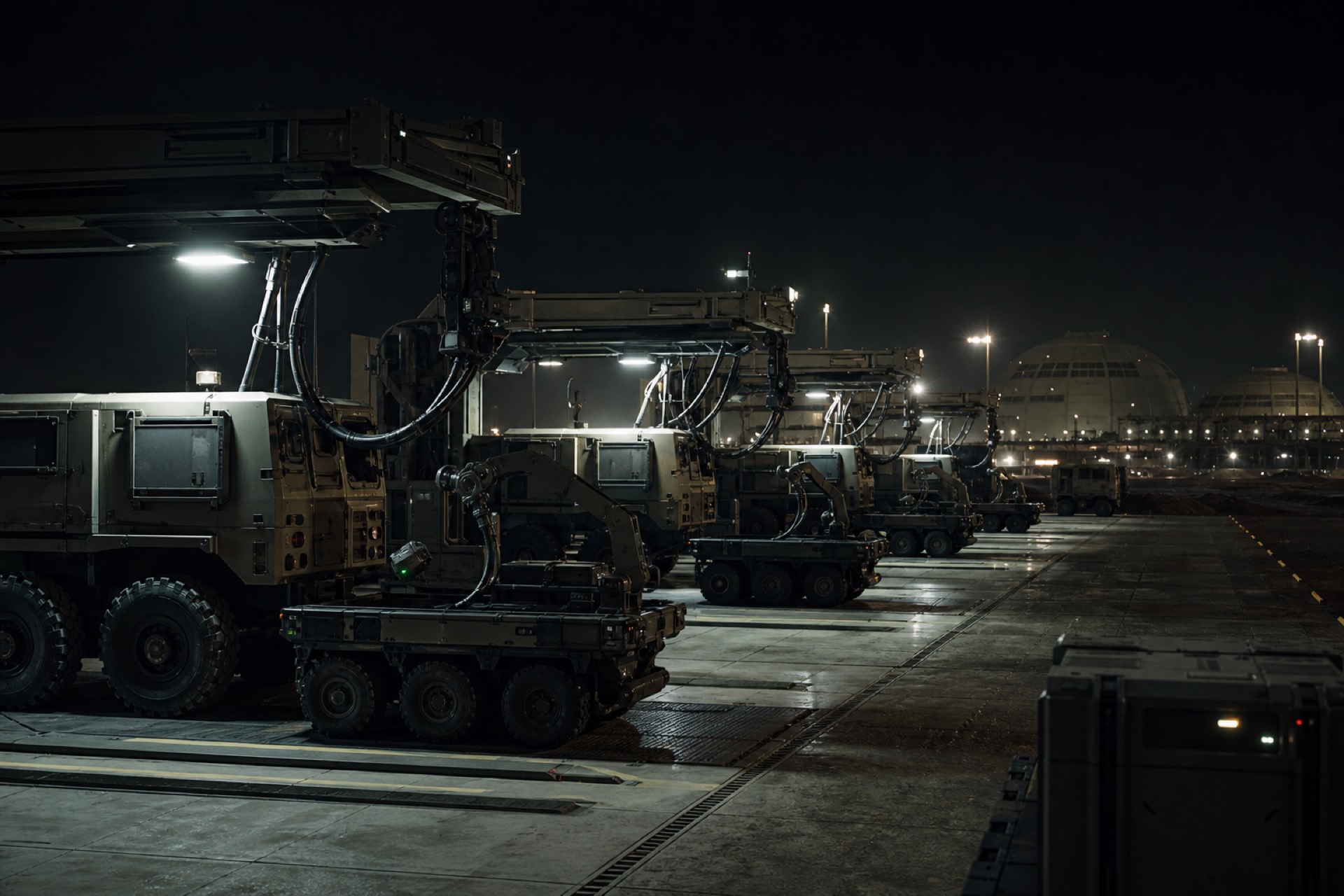 Autonomous vehicles parked on a night charge apron