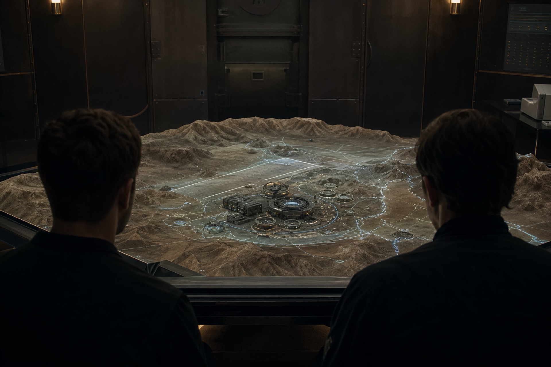 Operators at a DATUM siting table over desert terrain