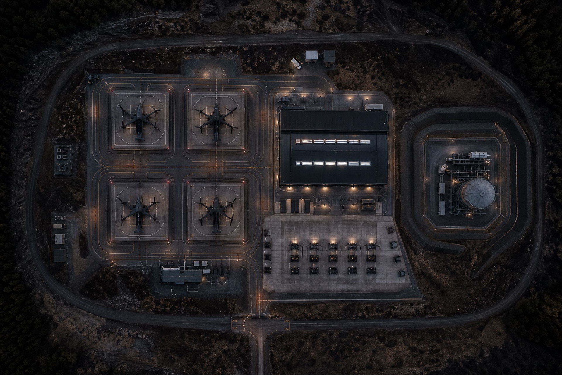 Overhead view of a complete hive with pads, yard, bay, and reactor berm