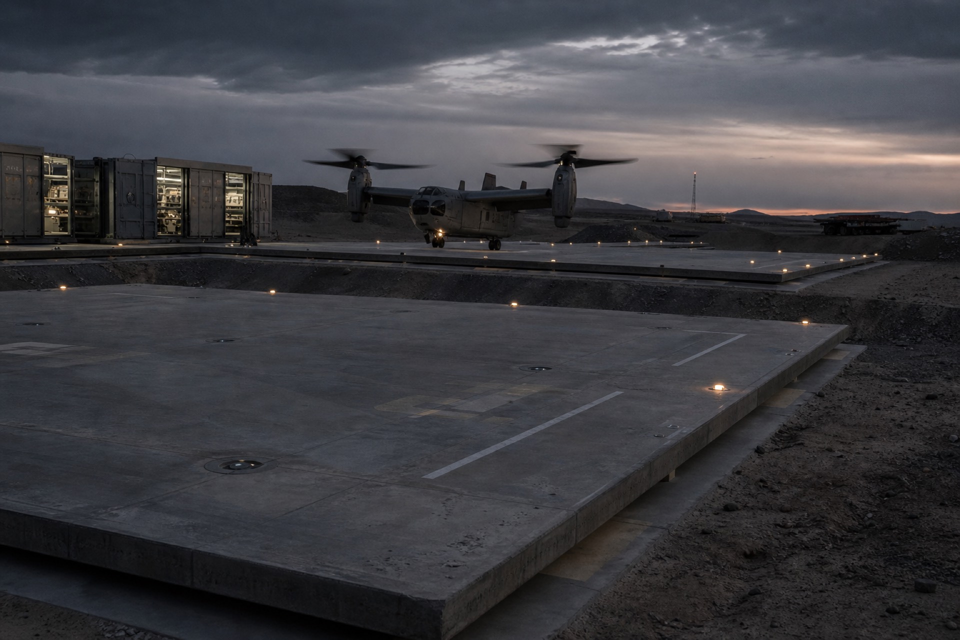 VTOL aircraft settling onto a concrete landing pad
